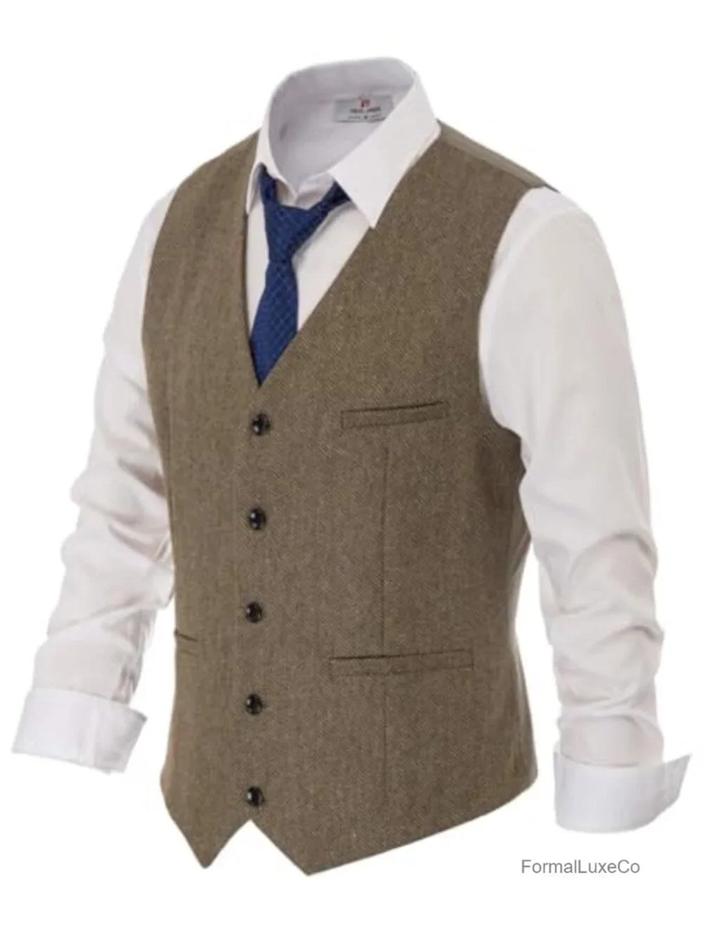 Men's Herringbone Tweed Suit Vest Wool Blend Waistcoat Sleeveless